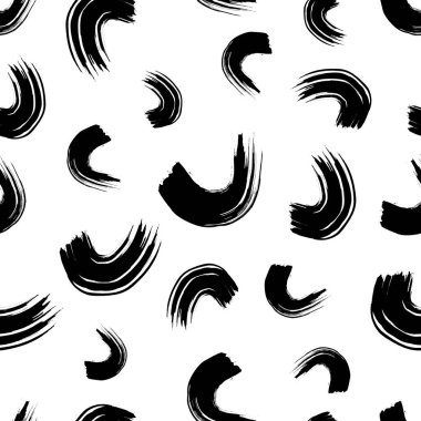 Seamless pattern with black wavy grunge brush strokes in abstract shapes on white background. Vector illustration