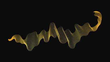 Karanlık arka planda lüks altın dalgaları olan soyut bir fon. Modern teknoloji arka planı, dalga tasarımı. Vektör illüstrasyonu