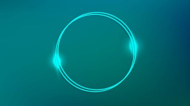 Yeşil arka planda parlak efektleri olan neon çift yuvarlak çerçeve. Boş parlayan tekno fon. Vektör illüstrasyonu