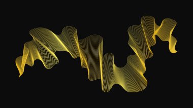 Karanlık arka planda lüks altın dalgaları olan soyut bir fon. Modern teknoloji arka planı, dalga tasarımı. Vektör illüstrasyonu