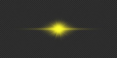 Lens fişeklerinin ışık etkisi. Gri şeffaf arkaplanda parıldayan sarı yatay ışık patlaması etkisi. Vektör illüstrasyonu