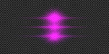 Lens fişeklerinin ışık etkisi. Gri şeffaf arkaplanda parıldayan üç mor yatay ışık patlaması efekti. Vektör illüstrasyonu