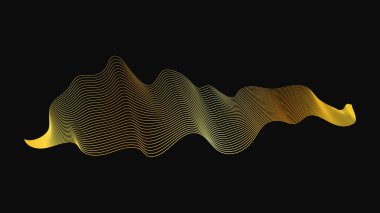 Karanlık arka planda lüks altın dalgaları olan soyut bir fon. Modern teknoloji arka planı, dalga tasarımı. Vektör illüstrasyonu