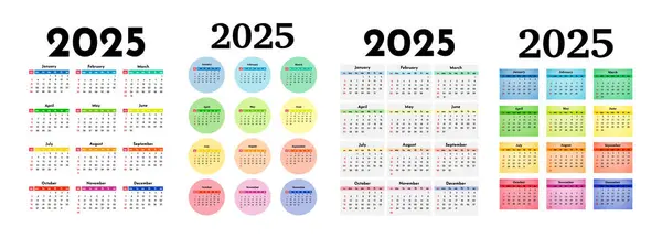 Sett Med Fire Vertikale Kalendere 2025 Isolert Hvit Bakgrunn Søndag – stockvektor