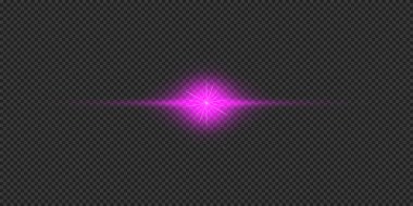 Lens fişeklerinin ışık etkisi. Mor yatay parlak ışık patlaması efekti. Gri şeffaf arkaplanda parıltılar var. Vektör illüstrasyonu