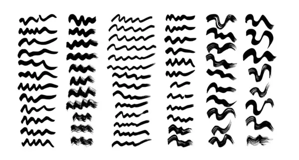 Black Wavy Grunge Brush Strokes Big Set Painted Ink Stripes — Stock Vector
