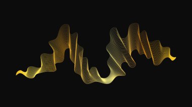 Karanlık arka planda lüks altın dalgaları olan soyut bir fon. Modern teknoloji arka planı, dalga tasarımı. Vektör illüstrasyonu