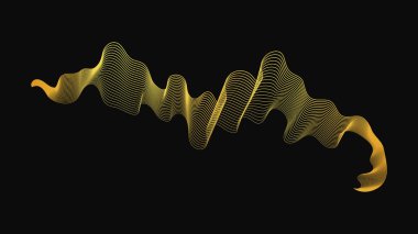 Karanlık arka planda lüks altın dalgaları olan soyut bir fon. Modern teknoloji arka planı, dalga tasarımı. Vektör illüstrasyonu