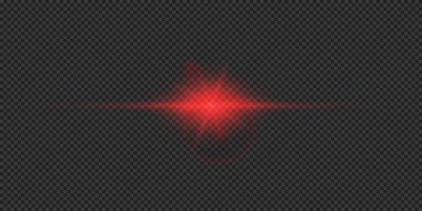 Lens fişeklerinin ışık etkisi. Gri şeffaf arkaplanda parıldayan kırmızı yatay ışık patlaması efekti. Vektör illüstrasyonu