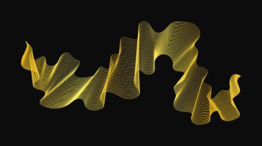 Karanlık arka planda lüks altın dalgaları olan soyut bir fon. Modern teknoloji arka planı, dalga tasarımı. Vektör illüstrasyonu