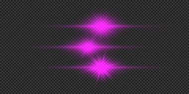 Lens fişeklerinin ışık etkisi. Gri şeffaf arkaplanda parıldayan üç mor yatay ışık patlaması efekti. Vektör illüstrasyonu