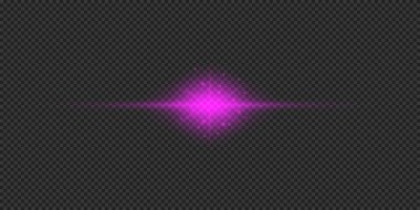 Lens fişeklerinin ışık etkisi. Mor yatay parlak ışık patlaması efekti. Gri şeffaf arkaplanda parıltılar var. Vektör illüstrasyonu