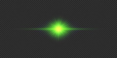 Lens fişeklerinin ışık etkisi. Gri şeffaf arkaplanda parıldayan yeşil yatay ışık patlaması efekti. Vektör illüstrasyonu