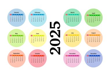 2025 takvimi beyaz arka planda izole edildi. Pazardan pazartesiye, iş planı. Vektör illüstrasyonu