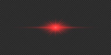 Lens fişeklerinin ışık etkisi. Gri şeffaf arkaplanda parıldayan kırmızı yatay ışık patlaması efekti. Vektör illüstrasyonu