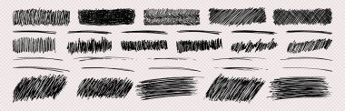 Set of rectangle scribble smears, wavy lines and strokes drawn with pen. Black hand drawn design elements on transparent background. Vector illustration clipart