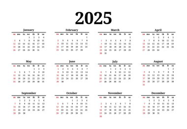 2025 takvimi beyaz arka planda izole edildi. Pazardan pazartesiye, iş planı. Vektör illüstrasyonu