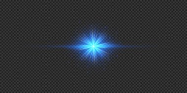 Lens fişeklerinin ışık etkisi. Gri şeffaf arkaplanda parıldayan mavi yatay ışık patlaması efekti. Vektör illüstrasyonu