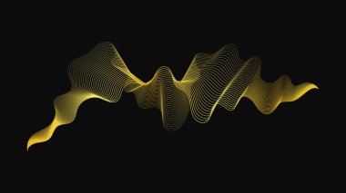 Karanlık arka planda lüks altın dalgaları olan soyut bir fon. Modern teknoloji arka planı, dalga tasarımı. Vektör illüstrasyonu