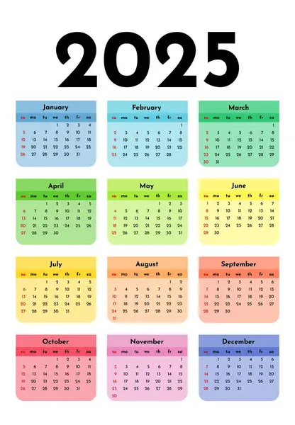 Kalender Für 2025 Isoliert Auf Weißem Hintergrund Sonntag Bis Montag — Stockvektor