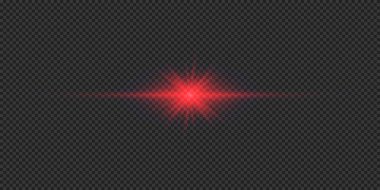 Lens fişeklerinin ışık etkisi. Gri şeffaf arkaplanda parıldayan kırmızı yatay ışık patlaması efekti. Vektör illüstrasyonu