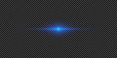 Lens fişeklerinin ışık etkisi. Gri şeffaf arkaplanda parıldayan mavi yatay ışık patlaması efekti. Vektör illüstrasyonu
