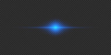 Lens fişeklerinin ışık etkisi. Gri şeffaf arkaplanda parıldayan mavi yatay ışık patlaması efekti. Vektör illüstrasyonu