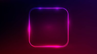 Neon çift yuvarlak kare çerçeve ve koyu kırmızı arka planda parlak efektler. Boş parlayan tekno fon. Vektör illüstrasyonu