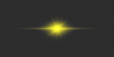 Lens fişeklerinin ışık etkisi. Gri şeffaf arkaplanda parıldayan sarı yatay ışık patlaması etkisi. Vektör illüstrasyonu