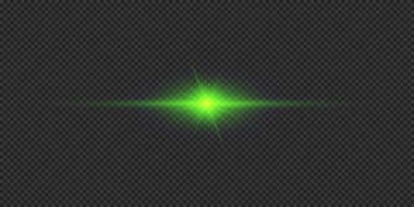 Lens fişeklerinin ışık etkisi. Gri şeffaf arkaplanda parıldayan yeşil yatay ışık patlaması efekti. Vektör illüstrasyonu