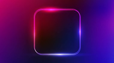 Neon çift yuvarlak kare çerçeve ve mor arka planda parlak efektler. Boş parlayan tekno fon. Vektör illüstrasyonu