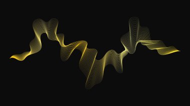 Karanlık arka planda lüks altın dalgaları olan soyut bir fon. Modern teknoloji arka planı, dalga tasarımı. Vektör illüstrasyonu
