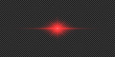 Lens fişeklerinin ışık etkisi. Gri şeffaf arkaplanda parıldayan kırmızı yatay ışık patlaması efekti. Vektör illüstrasyonu