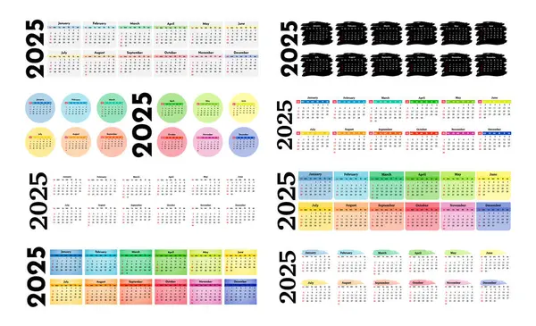 2025 için sekiz yatay takvim seti beyaz arka planda izole edildi. Pazardan pazartesiye, iş planı. Vektör illüstrasyonu