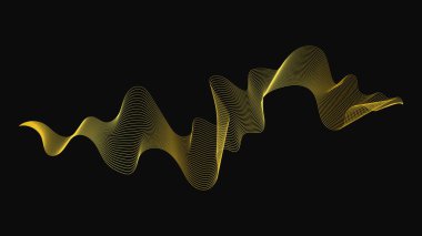 Karanlık arka planda lüks altın dalgaları olan soyut bir fon. Modern teknoloji arka planı, dalga tasarımı. Vektör illüstrasyonu