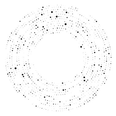 Soyut siyah yarım ton noktalı arkaplan daire şeklinde. Yarım ton noktalarını çember yapın. Vektör illüstrasyonu