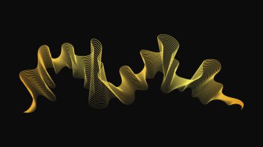 Karanlık arka planda lüks altın dalgaları olan soyut bir fon. Modern teknoloji arka planı, dalga tasarımı. Vektör illüstrasyonu