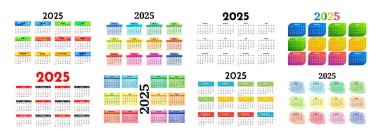 2025 için altı takvim seti beyaz arka planda izole edildi. Pazardan pazartesiye, iş planı. Vektör illüstrasyonu