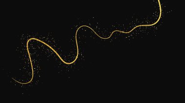 Altın parıldayan konfeti dalgası ve yıldız tozu. Koyu arkaplanda altın sihirli parıltılarla arka plan. Vektör illüstrasyonu