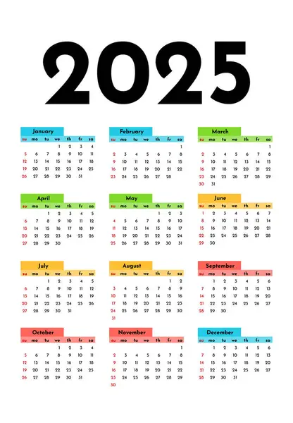 Calendario Para 2025 Aislado Sobre Fondo Blanco Domingo Lunes Plantilla Ilustración de stock