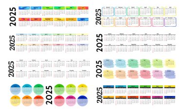 2025 için sekiz yatay takvim seti beyaz arka planda izole edildi. Pazardan pazartesiye, iş planı. Vektör illüstrasyonu