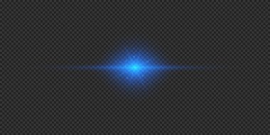 Lens fişeklerinin ışık etkisi. Gri şeffaf arkaplanda parıldayan mavi yatay ışık patlaması efekti. Vektör illüstrasyonu