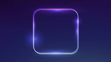 Neon çift yuvarlak kare çerçeve ve koyu mavi arka planda parlak efektler. Boş parlayan tekno fon. Vektör illüstrasyonu