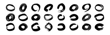 Black grunge brush strokes in circle form. Set of painted ink circles. Ink spot isolated on white background. Vector illustration