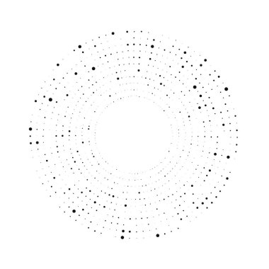 Soyut siyah yarım ton noktalı arkaplan daire şeklinde. Yarım ton noktalarını çember yapın. Vektör illüstrasyonu