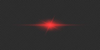 Lens fişeklerinin ışık etkisi. Gri şeffaf arkaplanda parıldayan kırmızı yatay ışık patlaması efekti. Vektör illüstrasyonu