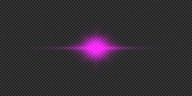 Lens fişeklerinin ışık etkisi. Mor yatay parlak ışık patlaması efekti. Gri şeffaf arkaplanda parıltılar var. Vektör illüstrasyonu