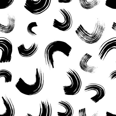 Seamless pattern with black wavy grunge brush strokes in abstract shapes on white background. Vector illustration