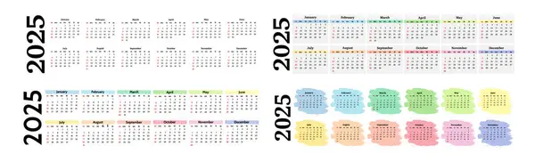 Set Four Horizontal Calendars 2025 Isolated White Background Sunday Monday — Stock Vector