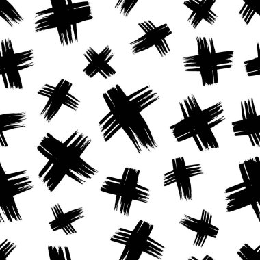 Elle çizilmiş çapraz sembollü kusursuz desen. Beyaz arka planda siyah çizim işareti. Vektör illüstrasyonu